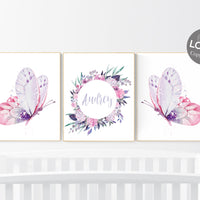 Purple pink nursery, nursery decor girl name, butterfly nursery wall art, Nursery decor girl purple and pink, lavender, lilac, girl nursery