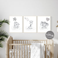 Nursery wall art animals, silver and gray nursery, gender neutral, neutral nursery, baby room, bear, elephant, giraffe, animal prints