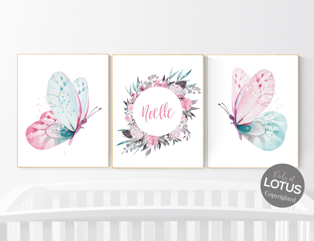 Nursery decor girl butterfly, pink and teal nursery, pink teal nursery, girl room prints, nursery wall decor, butterfly wall art pink