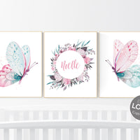 Nursery decor girl butterfly, pink and teal nursery, pink teal nursery, girl room prints, nursery wall decor, butterfly wall art pink