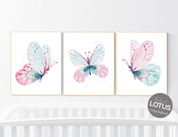 Nursery decor girl butterfly, pink and mint nursery, mint pink nursery, girl room prints, baby girl nursery wall art butterfly wall art pink