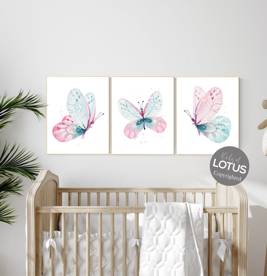 Nursery decor girl butterfly, pink and mint nursery, mint pink nursery, girl room prints, baby girl nursery wall art butterfly wall art pink