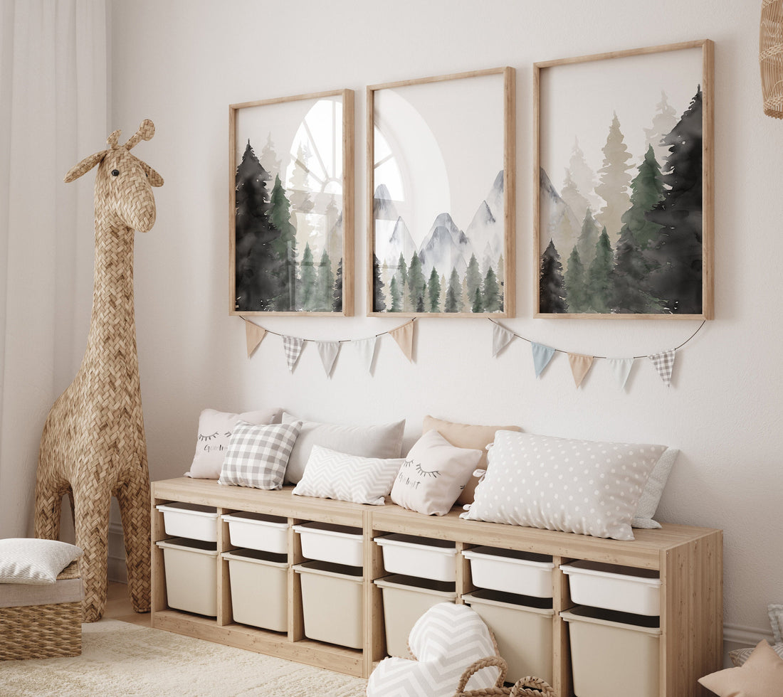 Nursery decor mountain, nursery wall art, tree nursery decor, adventure theme nursery, forest, sage green, beige, woodland animals