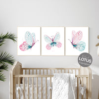 Nursery decor girl butterfly, pink and mint nursery, pink teal nursery, girl room prints, baby girl nursery wall art butterfly wall art pink