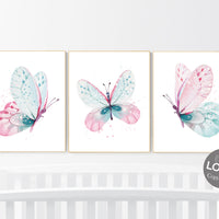 Nursery decor girl butterfly, pink and mint nursery, pink teal nursery, girl room prints, baby girl nursery wall art butterfly wall art pink