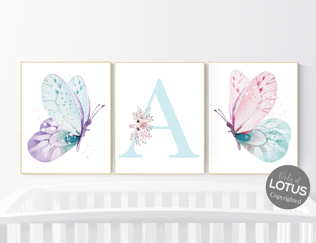 Nursery decor girl butterfly, pink, purple, teal nursery, mint pink nursery, girl room prints, baby girl nursery wall art butterfly wall art