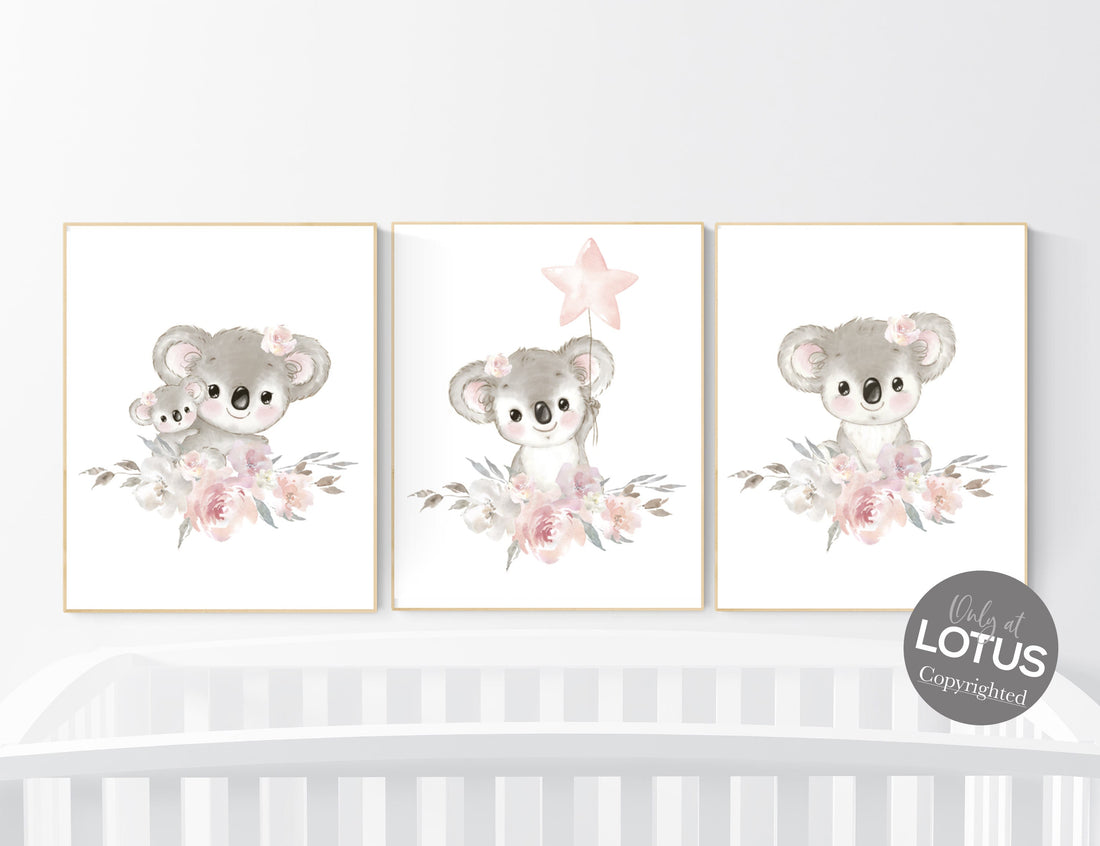 Nursery decor girl, koala nursery, moon and stars, pink nursery art, nursery prints animals, pink nursery decor, koala mother and baby