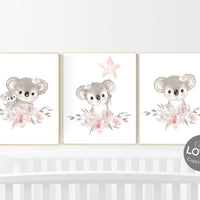 Nursery decor girl, koala nursery, moon and stars, pink nursery art, nursery prints animals, pink nursery decor, koala mother and baby