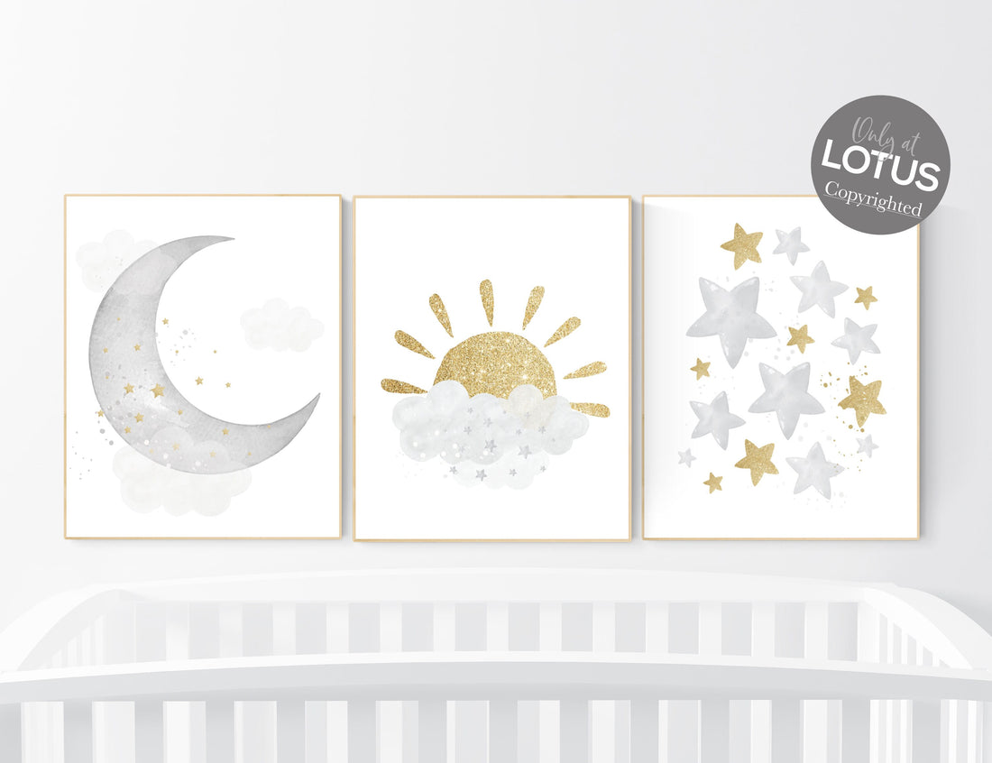 Nursery wall art grey, gray gold nursery, rainbow nursery, nursery decor neutral, baby room decor gender neutral, moon and stars, grey gold