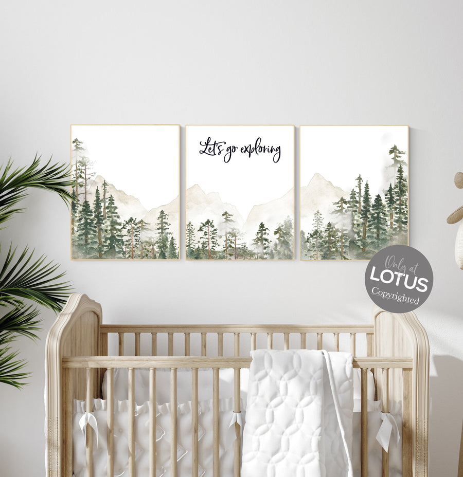 Nursery decor mountain, nursery wall art, tree nursery decor, adventure theme nursery, forest, sage green, beige, woodland nursery