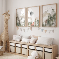 Nursery decor woodland, mountain wall art, tree nursery decor, adventure theme nursery, forest, sage green, beige, woodland animals