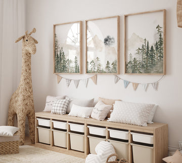 Nursery decor mountain, nursery wall art, tree nursery decor, adventure theme nursery, forest, sage green, beige, woodland animals