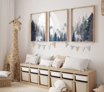 Nursery decor woodland, mountain wall art, tree nursery decor, adventure theme nursery, forest, navy and teal, woodland animals