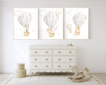 Hot Air Balloon Nursery Wall Art, Neutral Baby Room Decor, Safari Animal Prints, Adventure Theme, Watercolor Baby Animal Artwork