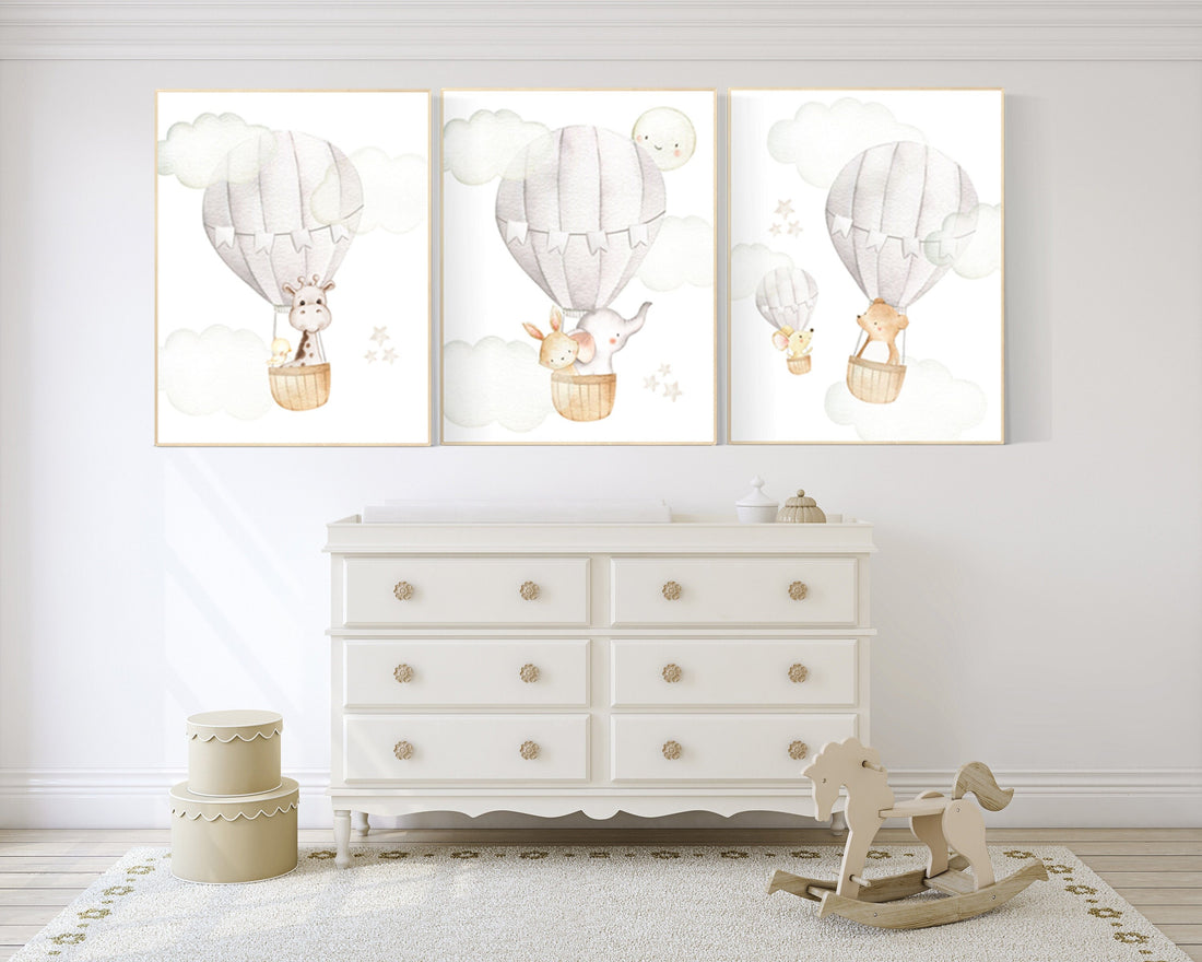 Hot Air Balloon Nursery Prints: Woodland Animals, Neutral Decor