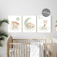 Nursery Animal Prints: Sage Green Bear, Elephant, Giraffe
