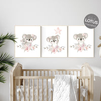 Nursery decor girl, koala nursery, moon and stars, pink nursery art, nursery prints animals, pink nursery decor, koala mother and baby