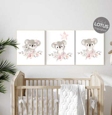 Nursery decor girl, koala nursery, moon and stars, pink nursery art, nursery prints animals, pink nursery decor, koala mother and baby