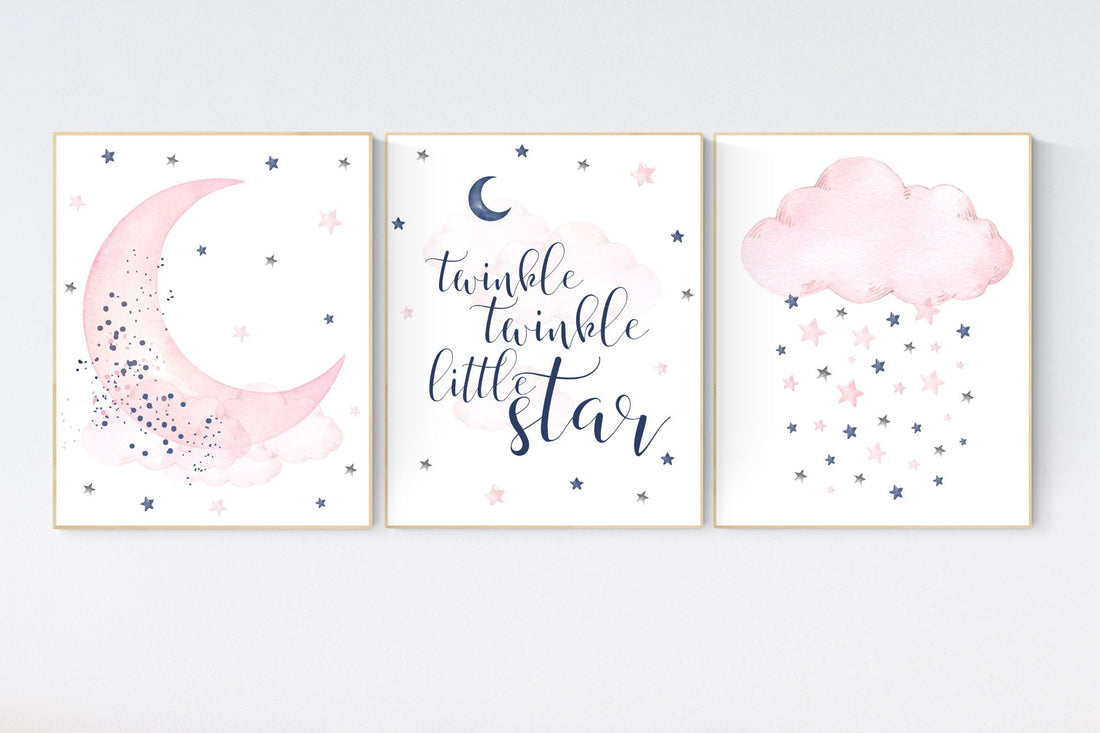 Nursery decor, pink and navy nursery art, navy pink, stars, moon, cloud, twin nursery, gender neutral, twinkle twinkle little star