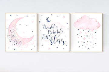 Nursery decor, pink and navy nursery art, navy pink, stars, moon, cloud, twin nursery, gender neutral, twinkle twinkle little star