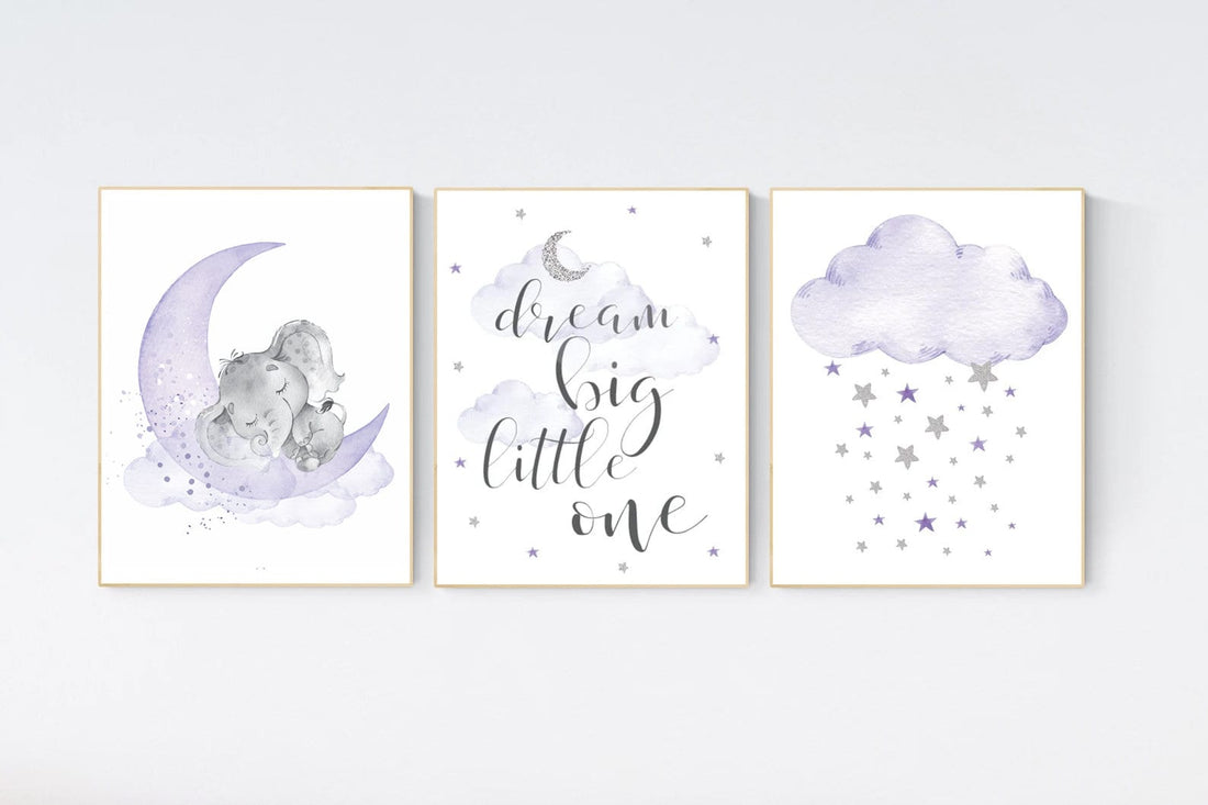Nursery decor girl, moon and stars, Purple silver, lilac silver, baby room decor girl, lavender, cloud and stars, baby room, girl room ideas