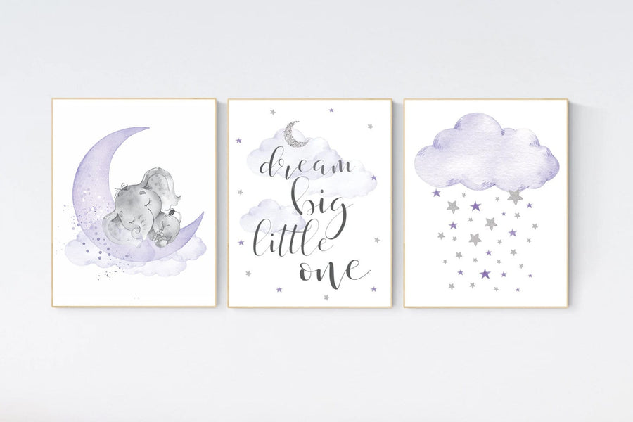 Nursery decor girl, moon and stars, Purple silver, lilac silver, baby room decor girl, lavender, cloud and stars, baby room, girl room ideas