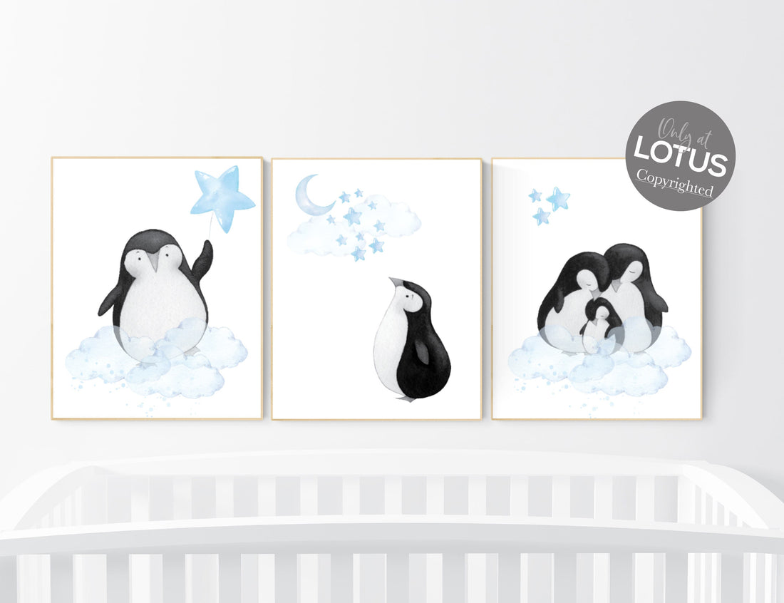 Penguin nursery, baby blue nursery, boy nursery decor, baby room wall art, boys nursery room prints, nursery wall art penguin, penguins