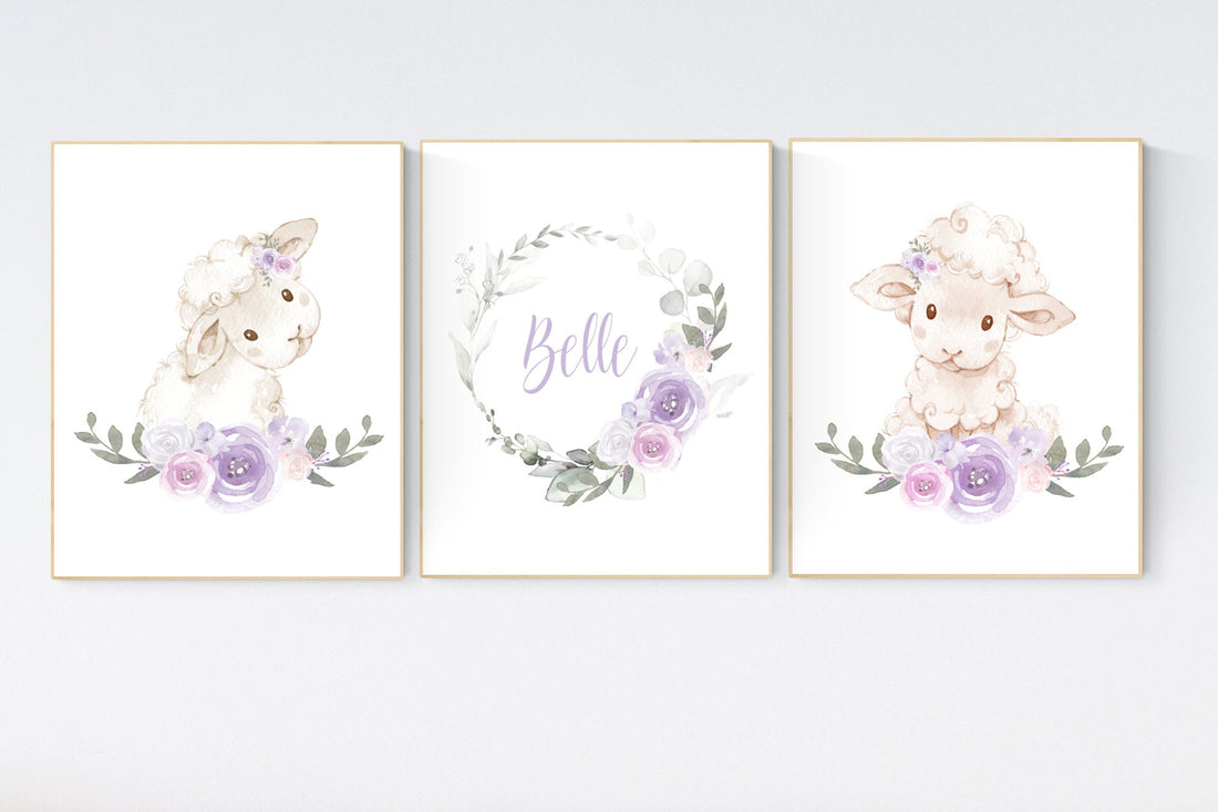 Sheep nursery decor, Nursery decor girl, purple and pink, nursery decor lambs, nursery wall art sheep, flower nursery wall art nursery