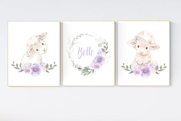 Sheep nursery decor, Nursery decor girl, purple and pink, nursery decor lambs, nursery wall art sheep, flower nursery wall art nursery