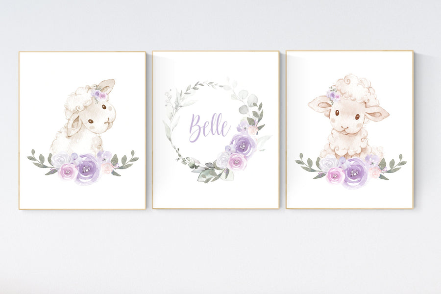 Sheep nursery decor, Nursery decor girl, purple and pink, nursery decor lambs, nursery wall art sheep, flower nursery wall art nursery