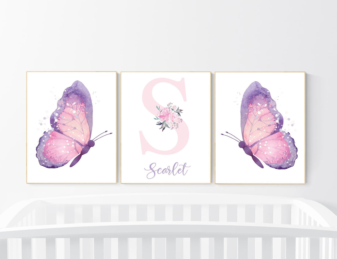 Purple pink nursery, nursery decor girl name, butterfly nursery wall art, Nursery decor girl purple and pink, lavender, lilac, girl nursery