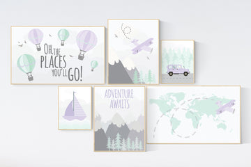 Girls room decor purple and turquoise, adventure awaits nursery art, adventure theme nursery, lavender mint, lilac mint hot air balloon