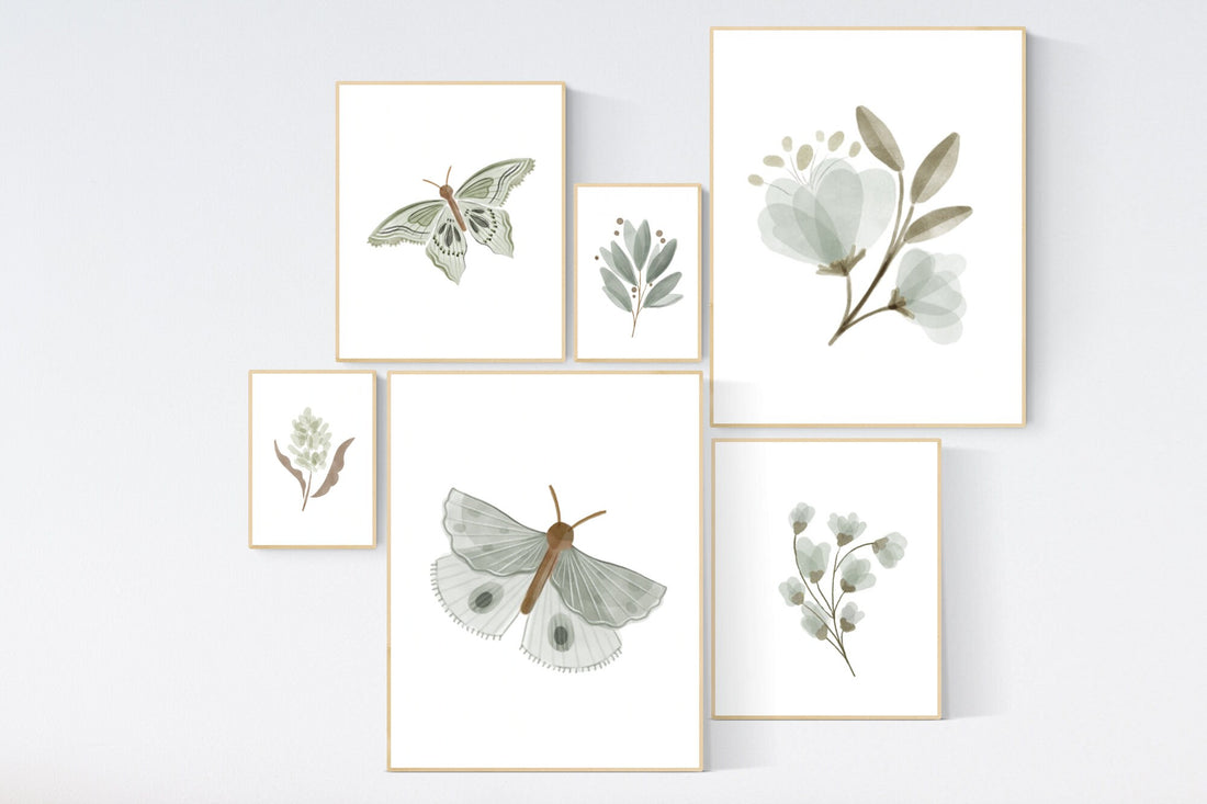 Nursery decor boho, nursery decor girl boho, sage green nursery, Boho Butterfly Floral Set, Butterfly Nursery Wall Art, Neutral colors