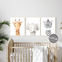 Safari Animal Nursery Wall Art Set of 3 - Giraffe Elephant Zebra Prints - Baby Room Decor - Gender Neutral Jungle Animal Poster Set