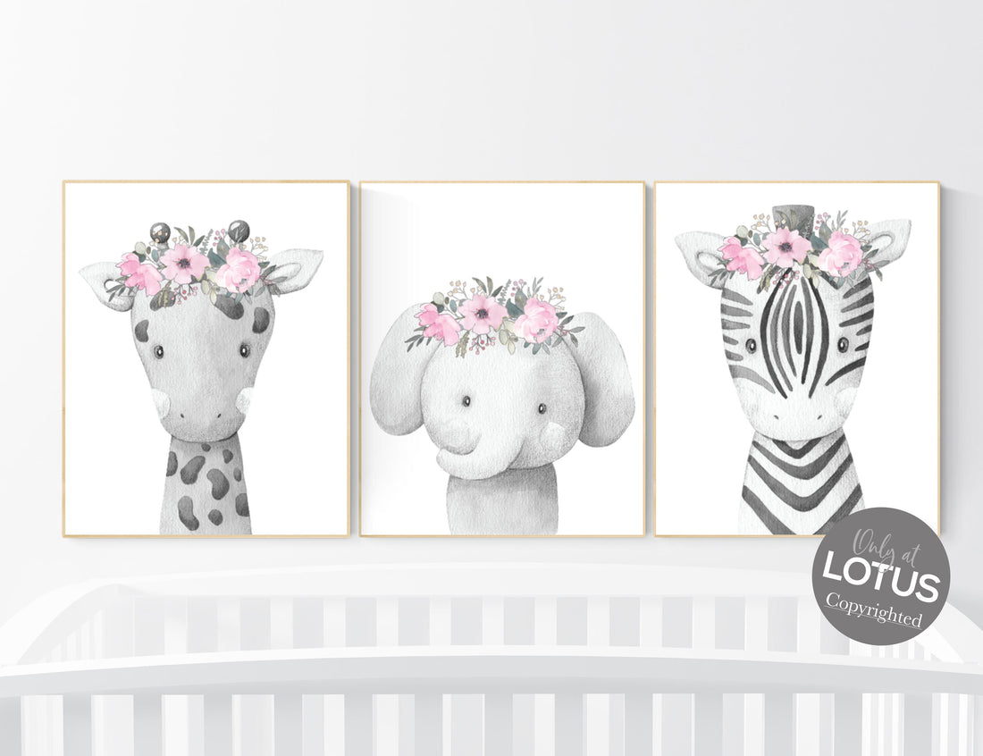 Nursery wall art animals, girl nursery, Animals Prints, Woodland Nursery Decor, Safari Nursery Wall Art, floral animal prints, girls room