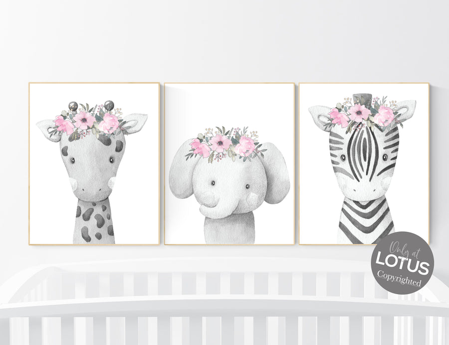 Nursery wall art animals, girl nursery, Animals Prints, Woodland Nursery Decor, Safari Nursery Wall Art, floral animal prints, girls room