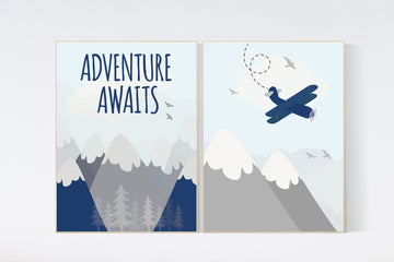 Nursery decor boy adventure, nursery decor mountain, plane nursery, navy mint, boy nursery wall art, adventure nursery