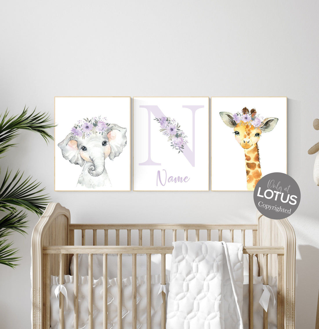 Nursery decor girl purple, animal nursery, Safari animals, Floral Nursery Prints, purple nursery, girls nursery decor, elephant nursery