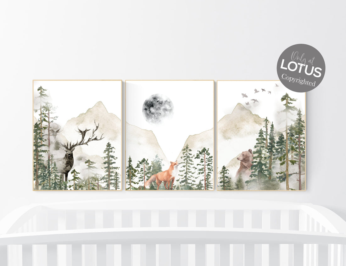 Nursery decor woodland, mountain wall art, tree nursery decor, adventure theme nursery, forest, sage green, beige, woodland animals