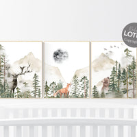 Nursery decor woodland, mountain wall art, tree nursery decor, adventure theme nursery, forest, sage green, beige, woodland animals