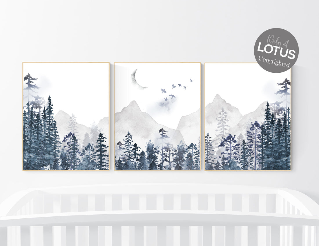 Nursery decor boy woodland, mountain wall art, tree nursery decor, adventure theme nursery, forest, navy blue, woodland nursery wall art