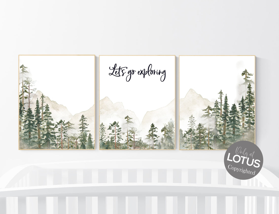 Nursery decor mountain, nursery wall art, tree nursery decor, adventure theme nursery, forest, sage green, beige, woodland nursery