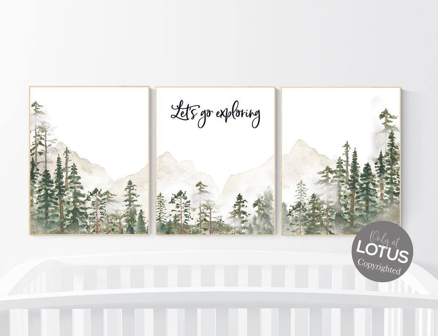 Nursery decor mountain, nursery wall art, tree nursery decor, adventure theme nursery, forest, sage green, beige, woodland nursery
