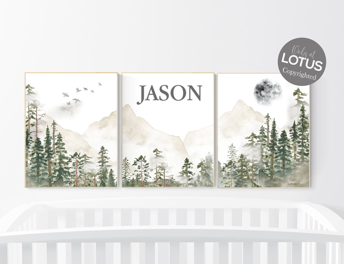 Nursery decor mountain, nursery wall art, tree nursery decor, adventure theme nursery, forest, sage green, beige, woodland animals