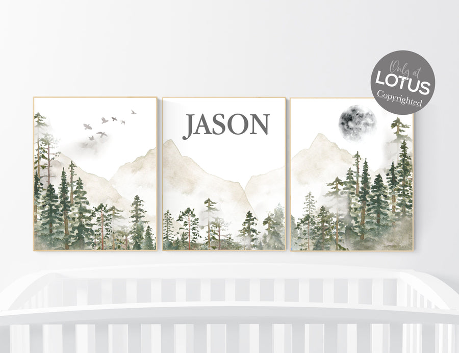 Nursery decor mountain, nursery wall art, tree nursery decor, adventure theme nursery, forest, sage green, beige, woodland animals