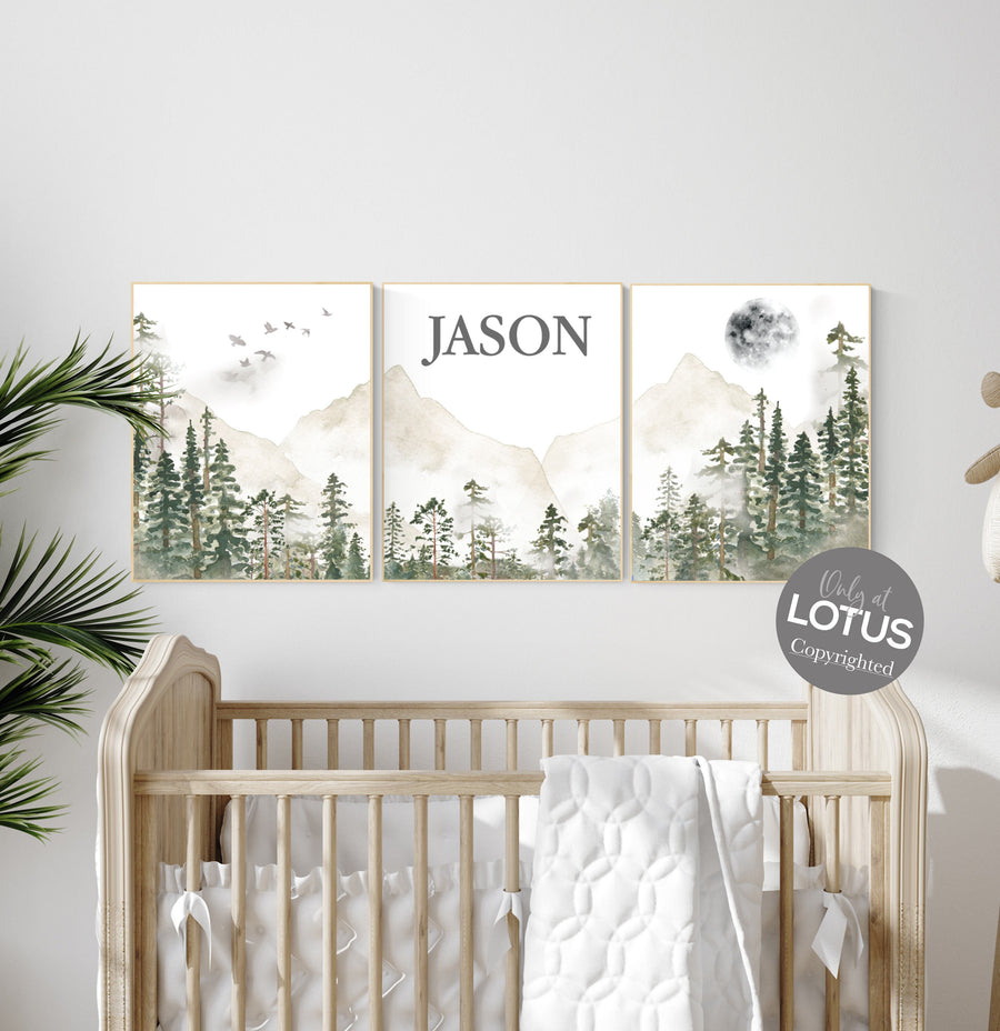 Nursery decor mountain, nursery wall art, tree nursery decor, adventure theme nursery, forest, sage green, beige, woodland animals