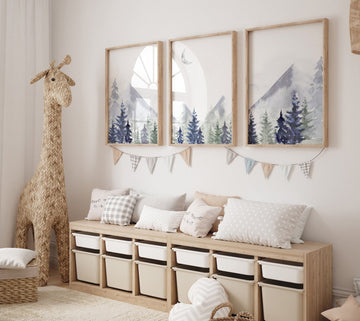 Nursery decor woodland, mountain wall art, tree nursery decor, adventure theme nursery, forest, navy and olive green, woods nursery