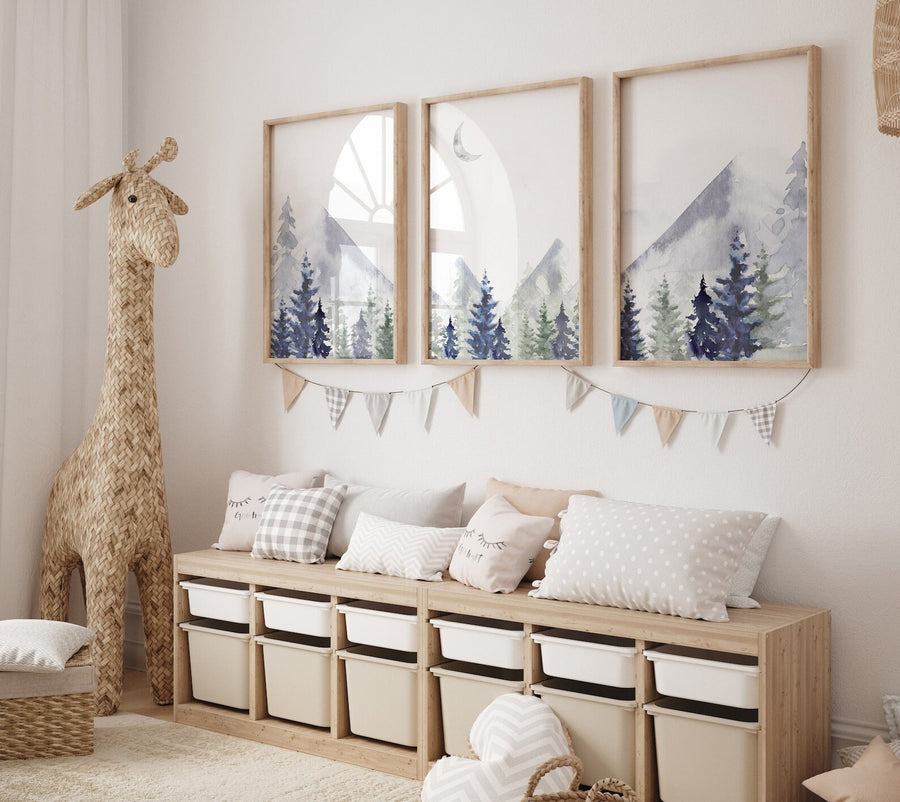 Nursery decor woodland, mountain wall art, tree nursery decor, adventure theme nursery, forest, navy and olive green, woods nursery