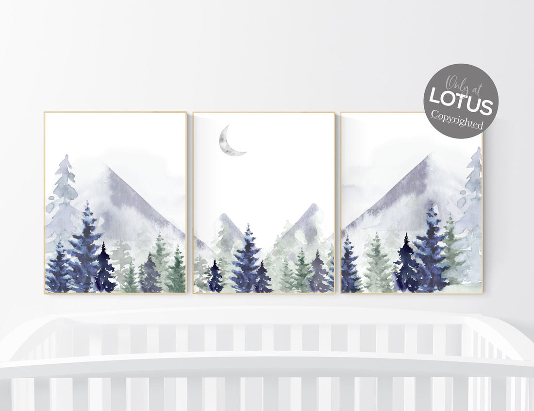 Nursery decor woodland, mountain wall art, tree nursery decor, adventure theme nursery, forest, navy and olive green, woods nursery