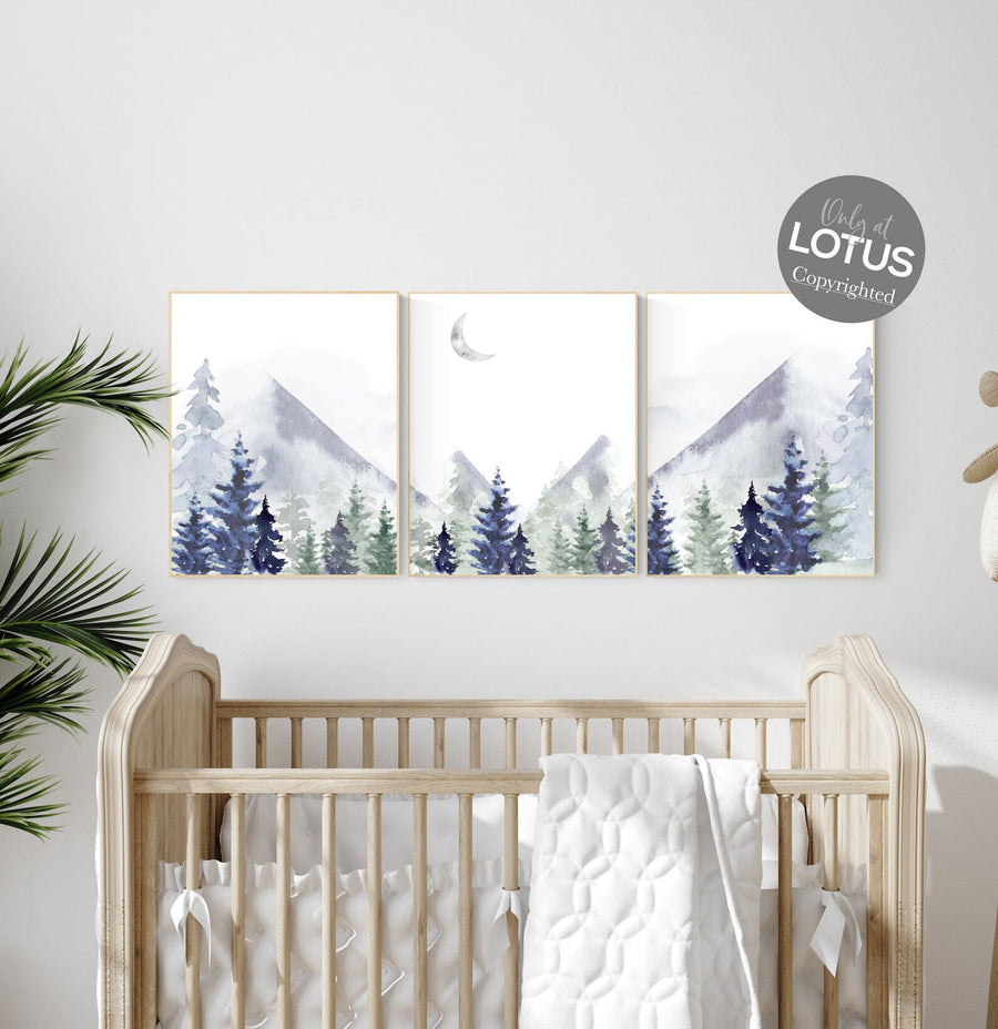 Nursery decor woodland, mountain wall art, tree nursery decor, adventure theme nursery, forest, navy and olive green, woods nursery